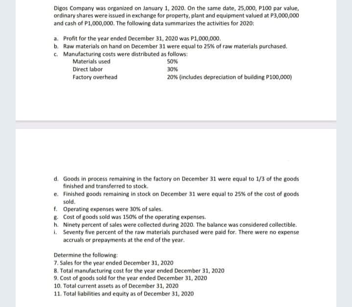 Digos Company was organized on January 1, 2020. On the same date, 25,000, P100 par value,
ardinary shares were issued in exchange for property, plant and equipment valued at P3,000,000
and cash of P1,000,000. The following data summarizes the activities for 2020:
a. Profit for the year ended December 31, 2020 was P1,000,000.
b. Raw materials on hand on December 31 were equal to 25% of raw materials purchased.
c. Manufacturing costs were distributed as follows:
Materials used
50%
Direct labor
30%
Factory overhead
20% (includes depreciation of building P100,000)
d. Goods in process remaining in the factory on December 31 were equal to 1/3 of the goods
finished and transferred to stock.
e. Finished goods remaining in stock on December 31 were equal to 25% of the cost of goods
sold.
f. Operating expenses were 30% of sales.
g. Cost of goods sold was 150% of the operating expenses.
h. Ninety percent of sales were collected during 2020. The balance was considered collectible.
i. Seventy five percent of the raw materials purchased were paid for. There were no expense
accruals or prepayments at the end of the year.
Determine the following:
7. Sales for the year ended December 31, 2020
8. Total manufacturing cost for the year ended December 31, 2020
9. Cost of goods sold for the year ended December 31, 2020
10, Total current assets as of December 31, 2020
11. Total liabilities and equity as of December 31, 2020
