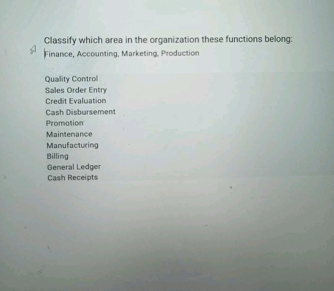 Classify which area in the organization these functions belong:
Finance, Accounting, Marketing, Production
Quality Control
Sales Order Entry
Credit Evaluation
Cash Disbursement
Promotion
Maintenance
Manufacturing
Billing
General Ledger
Cash Receipts
