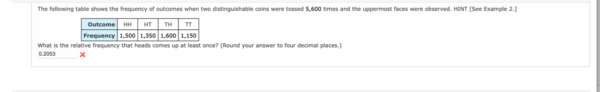 The following table shows the frequency of outcomes when two distinguishable coins were tossed 5,600 times and the uppermost faces were observed. HINT [See Example 2.]
Outcome
HH
HT
TH
TT
Frequency 1,500 1,350 1,600 1,150
What is the relative frequency that heads comes up at least once? (Round your answer to four decimal places.)
0.2053
