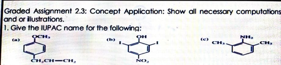 Graded Assignment 2.3: Concept Application: Show all necessary computations
and or illustrations.
1. Give the IUPAC name for the following:
NH2
(a)
(b)
(c)
CH3.
CH
ČH,CH-CH,
NO,
