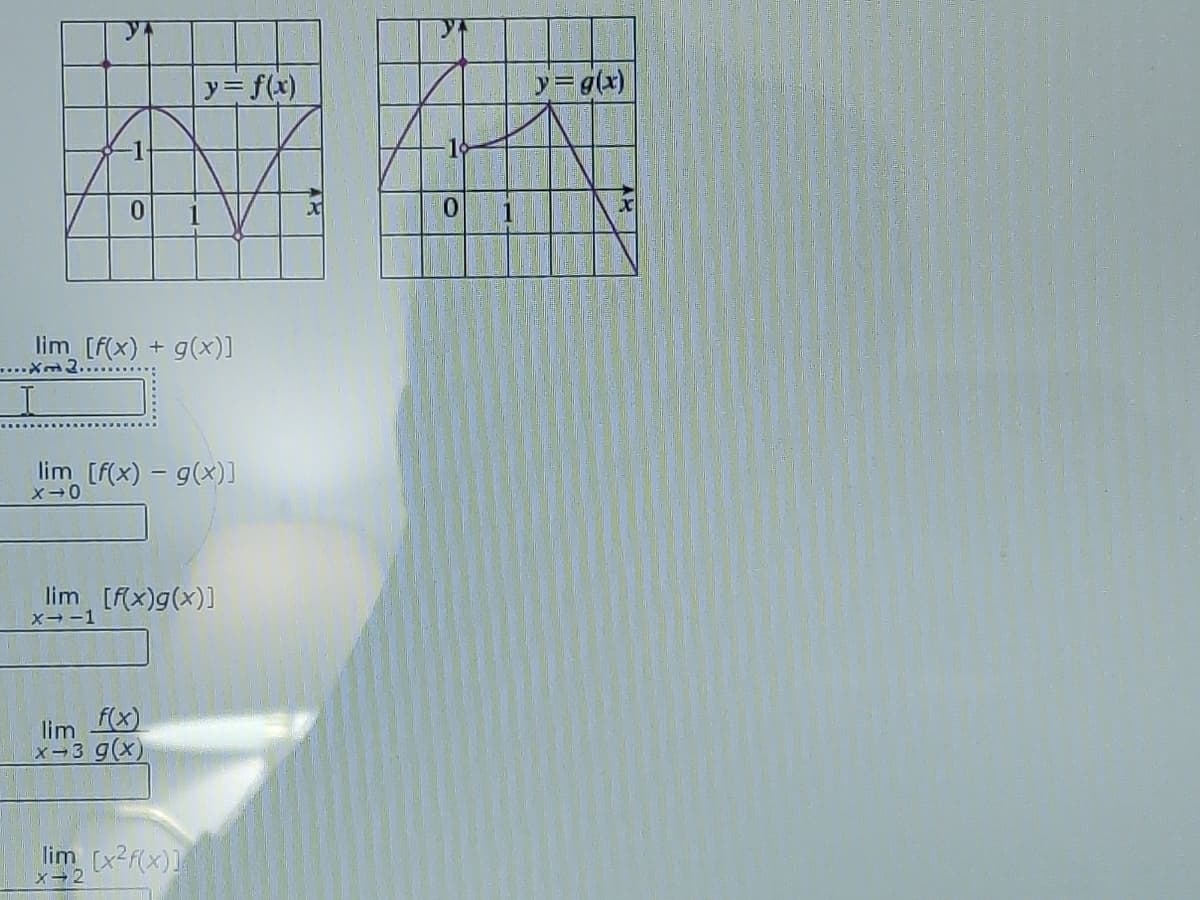 y= f(x)
y=g(x)
-1
0.
0.
lim [F(x) + g(x)]
lim [f(x) – g(x)]
lim [f(x)g(x)]
X→-1
lim fx)
x-3 g(x)
lim [x2f(x)]
xー2
