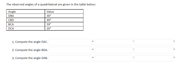 The observed angles of a quadrilateral are given in the table below:
Angle
Value
DBA
30
CBD
49°
ВСА
59°
DCA
20
1. Compute the angle DAC.
2. Compute the angle BDA.
3. Compute the angle DAB.
