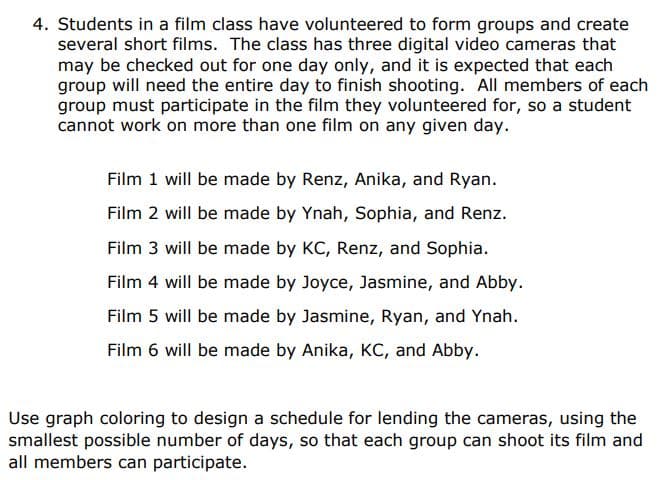 4. Students in a film class have volunteered to form groups and create
several short films. The class has three digital video cameras that
may be checked out for one day only, and it is expected that each
group will need the entire day to finish shooting. All members of each
group must participate in the film they volunteered for, so a student
cannot work on more than one film on any given day.
Film 1 will be made by Renz, Anika, and Ryan.
Film 2 will be made by Ynah, Sophia, and Renz.
Film 3 will be made by KC, Renz, and Sophia.
Film 4 will be made by Joyce, Jasmine, and Abby.
Film 5 will be made by Jasmine, Ryan, and Ynah.
Film 6 will be made by Anika, KC, and Abby.
Use graph coloring to design a schedule for lending the cameras, using the
smallest possible number of days, so that each group can shoot its film and
all members can participate.
