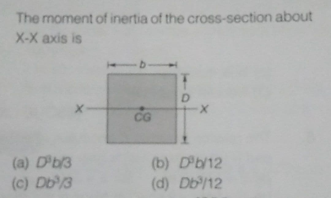 The moment of inertia of the cross-section about
X-X axis is
D
CG
(a) DPb/3
(b) Dºb/12
(c) Db³/3
(d) Db³/12