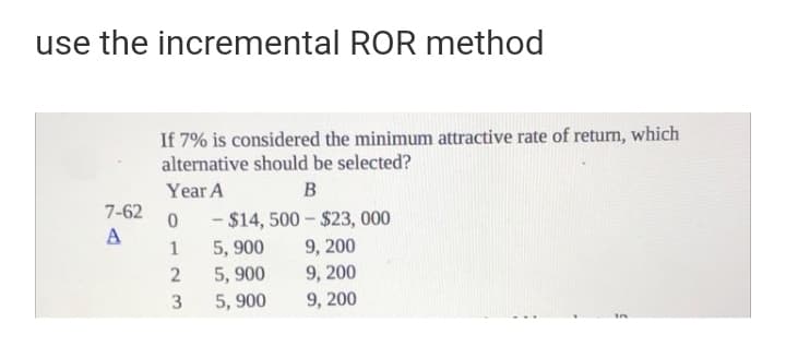use the incremental ROR method
If 7% is considered the minimum attractive rate of returm, which
alternative should be selected?
Year A
B
7-62
- $14, 500 - $23, 000
A
5, 900
9, 200
5, 900
9, 200
3
5, 900
9, 200
