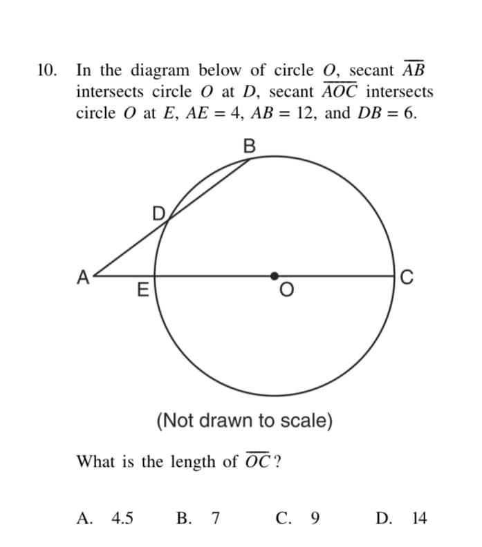 10.
In the diagram below of circle 0, secant AB
intersects circle O at D, secant AOC intersects
circle O at E, AE = 4, AB = 12, and DB = 6.
%3D
A
E
(Not drawn to scale)
What is the length of OC?
A. 4.5
В. 7
С. 9
D. 14
