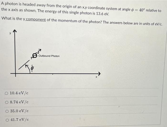 A photon is headed away from the origin of an x,y coordinate system at angle o = 40° relative to
the x axis as shown. The energy of this single photon is 13.6 eV.
%3D
What is the y component of the momentum of the photon? The answers below are in units of eV/c.
Outbound Photo
noton
O 10.4 eV/c
O 8.74 eV/c
O 35.0 eV/c
O 41.7 eV/c
