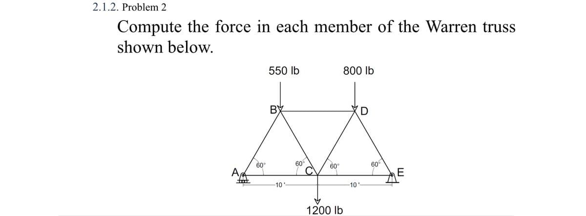 2.1.2. Problem 2
Compute the force in each member of the Warren truss
shown below.
550 lb
800 lb
BX
60°
60°
60
60°
A
tot
E
-10'
-10'
1200 lb
