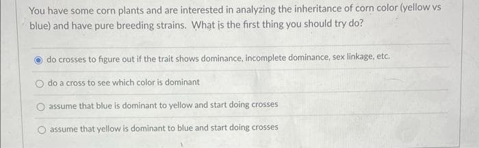You have some corn plants and are interested in analyzing the inheritance of corn color (yellow vs
blue) and have pure breeding strains. What is the first thing you should try do?
do crosses to figure out if the trait shows dominance, incomplete dominance, sex linkage, etc.
do a cross to see which color is dominant
assume that blue is dominant to yellow and start doing crosses
assume that yellow is dominant to blue and start doing crosses
