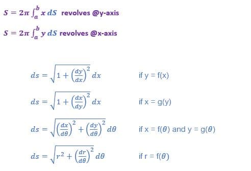 S = 2n f" x ds revolves @y-axis
S = 2n f"y ds revolves @x-axis
2
ds =
( dx
if y = f(x)
dx.
2
dx
dx
ds
1+
if x = g(y)
2
dx
2
dy
de
if x = f(0) and y = g(0)
ds
de
de
r2 +
dr
de
if r= f(0)
ds =
de
