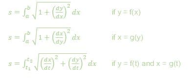 2.
if y = f(x)
2
s =
if x = g(y)
+() dx
if y = f(t) and x = g(t)
at
dt.
