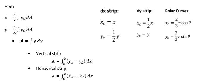 Hint:
dx strip:
dy strip:
Polar Curves:
Sxc dA
1
xe = x
*e =r cos e
ỹ =S yc dA
1
2
Ye = y
A = S y dx
Yc = 7y
Ye =zr sine
%3D
Vertical strip
A = (Vu - yı) dx
Horizontal strip
A = (XR - XL) dx
