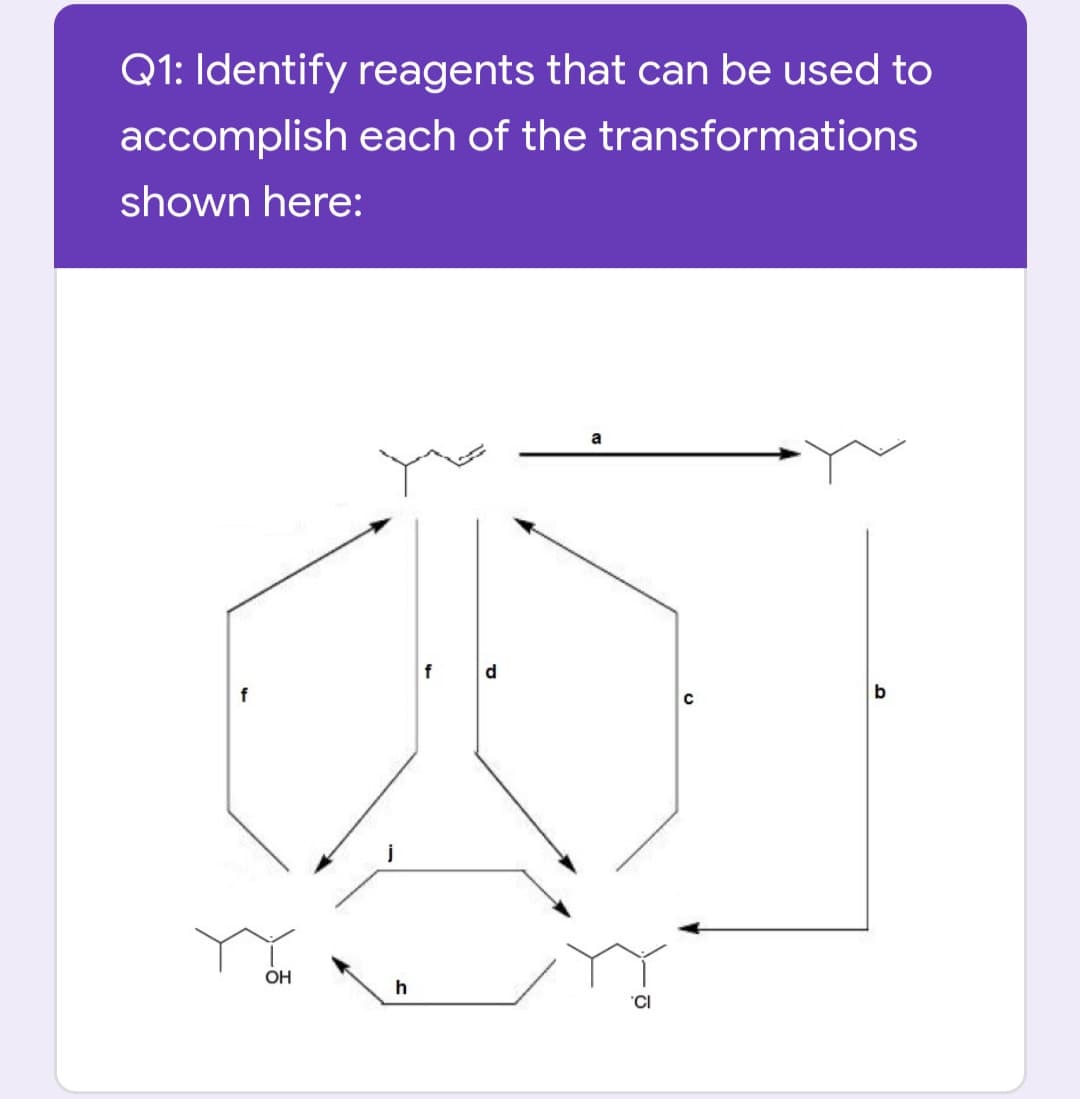 Q1: Identify reagents that can be used to
accomplish each of the transformations
shown here:
a
b
OH
h
CI
