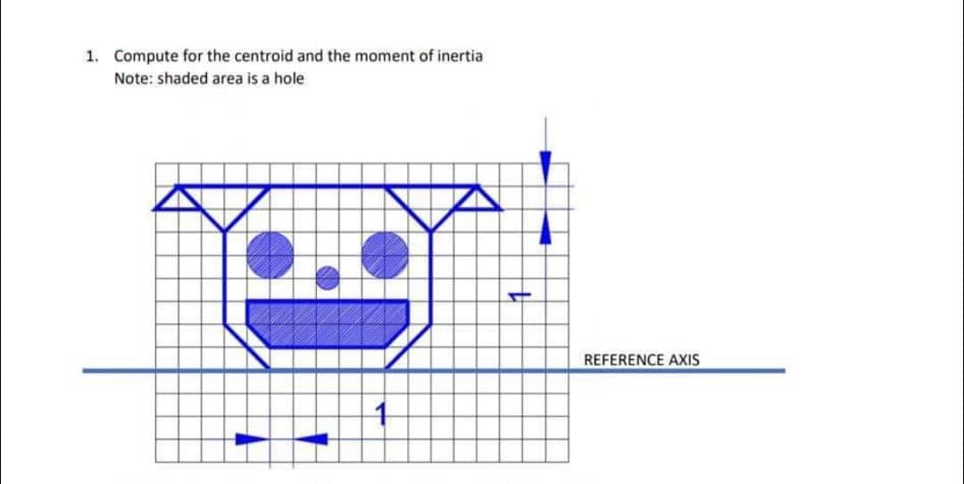 1. Compute for the centroid and the moment of inertia
Note: shaded area is a hole
REFERENCE AXIS
