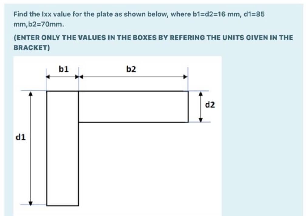 Find the Ixx value for the plate as shown below, where b1=d2=D16 mm, d1=85
mm,b2=70mm.
(ENTER ONLY THE VALUES IN THE BOXES BY REFERING THE UNITS GIVEN IN THE
BRACKET)
b1
b2
d2
d1
