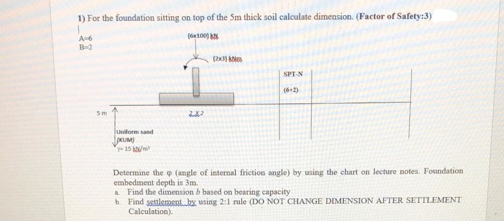 1) For the foundation sitting on top of the 5m thick soil calculate dimension. (Factor of Safety:3)
(6x100) kN
A=6
B=2
(2x3) kNm
SPT-N
(6+2)
5m
ఒక
Uniform sand
KUM)
T= 15 KN/m
Determine the o (angle of internal friction angle) by using the chart on lecture notes. Foundation
embedment depth is 3m.
a Find the dimension b based on bearing capacity
b. Find settlement by using 2:1 rule (DO NOT CHANGE DIMENSION AFTER SETTLEMENT
Calculation).
