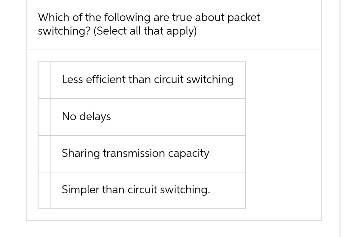 Which of the following are true about packet
switching? (Select all that apply)
Less efficient than circuit switching
No delays
Sharing transmission capacity
Simpler than circuit switching.
