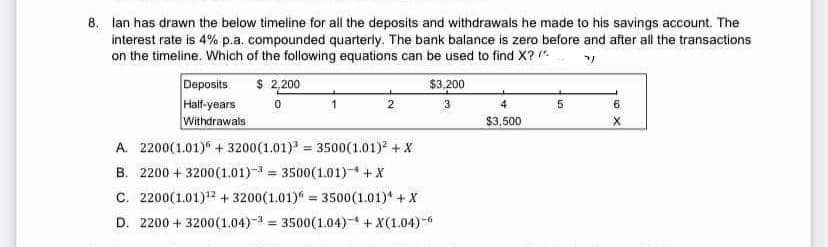 8. lan has drawn the below timeline for all the deposits and withdrawals he made to his savings account. The
interest rate is 4% p.a. compounded quarterly. The bank balance is zero before and after all the transactions
on the timeline. Which of the following equations can be used to find X? /*-
"/
Deposits
Half-years
Withdrawals
$ 2,200
0
2
$3,200
3
A. 2200(1.01) +3200(1.01)³ = 3500(1.01)² + X
B. 2200+3200(1.01)-³ = 3500(1.01) + X
C. 2200(1.01)¹2+ 3200(1.01) = 3500(1.01)¹ + X
D. 22003200(1.04)3 = 3500(1.04) + X(1.04)-6
$3,500
5
6
X