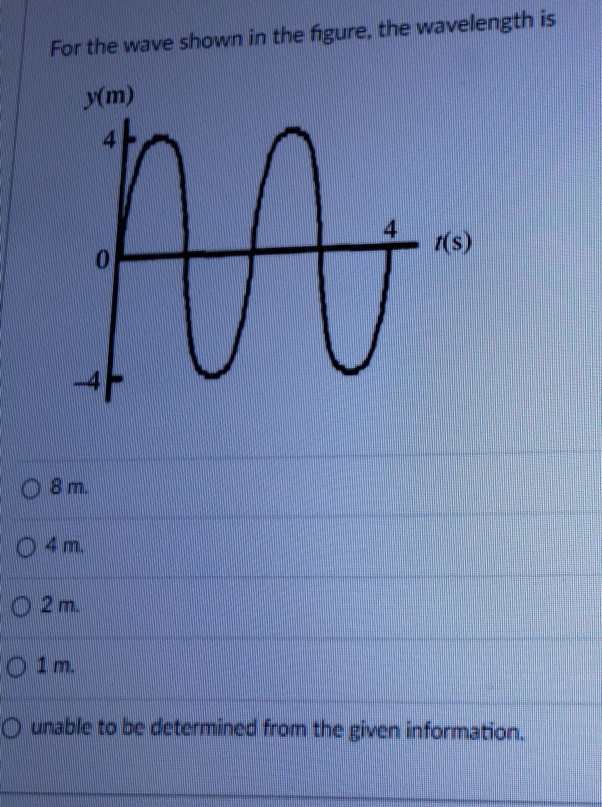 For the wave shown in the figure. the wavelength is
y(m)
4.
(s)
8m.
4m
02m
Oim
01m.
O unable to be determined from the given information.
