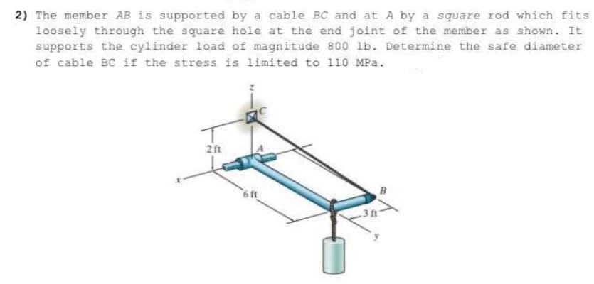 2) The member AB is supported by a cable BC and at A by a square rod which fits
loosely through the square hole at the end joint of the member as shown. It
supports the cylinder load of magnitude 800 lb. Determine the safe diameter
of cable BC if the stress is limited to 110 MPa.
2 ft
B
3ft
