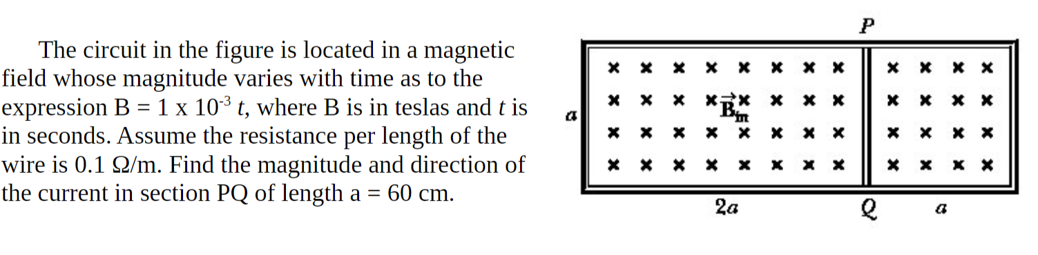 The circuit in the figure is located in a magnetic
field whose magnitude varies with time as to the
expression B =1 x 10³ t, where B is in teslas and t is
in seconds. Assume the resistance per length of the
wire is 0.1 Q/m. Find the magnitude and direction of
the current in section PQ of length a =
х х х х
*RX x
a
х х
х х
60 cm.
2a
a
х х х х
