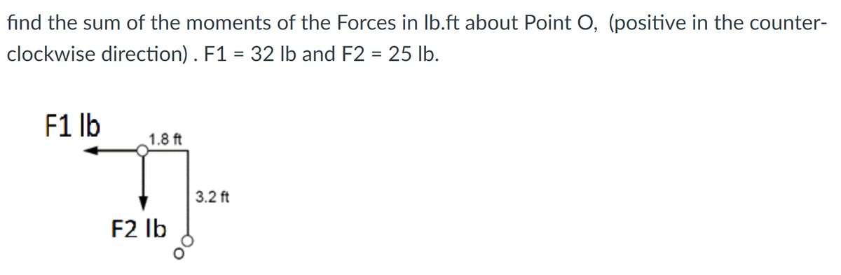 find the sum of the moments of the Forces in Ib.ft about Point O, (positive in the counter-
clockwise direction). F1 = 32 lb and F2 = 25 lb.
F1 lb
1.8 ft
3.2 ft
F2 Ib
