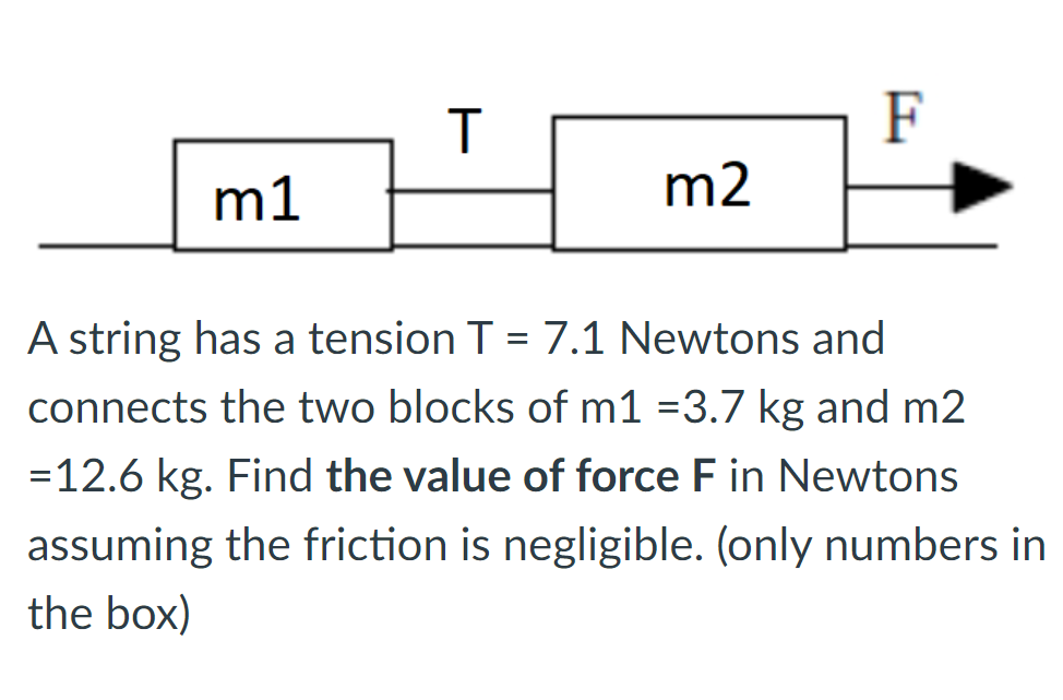 F
m1
m2
A string has a tension T = 7.1 Newtons and
%3D
connects the two blocks of m1 =3.7 kg and m2
=12.6 kg. Find the value of force F in Newtons
assuming the friction is negligible. (only numbers in
the box)
