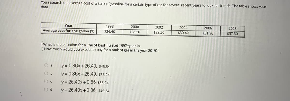 You research the average cost of a tank of gasoline for a certain type of car for several recent years to look for trends. The table shows your
data.
Year
1998
2000
2002
2004
2006
2008
Average cost for one gallon ($)
$26.40
$28.50
$29.50
$30.40
$31.90
$37.30
I) What is the equation for a line of best fit? (Let 1997=year 0)
II) How much would you expect to pay for a tank of gas in the year 2019?
y= 0.86x+26.40; $45.34
a
O b
y= 0.86x+26.40; $56.24
O c
y= 26.40x+0.86; $56.24
y = 26.40x+0.86; $45.34
