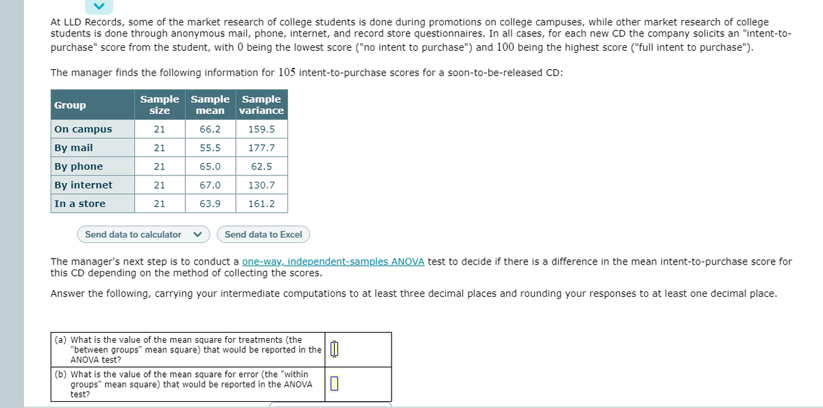 At LLD Records, some of the market research of college students is done during promotions on college campuses, while other market research of college
students is done through anonymous mail, phone, internet, and record store questionnaires. In all cases, for each new CD the company solicits an "intent-to-
purchase" score from the student, with 0 being the lowest score ("no intent to purchase") and 100 being the highest score ("full intent to purchase").
The manager finds the following information for 105 intent-to-purchase scores for a soon-to-be-released CD:
Sample Sample Sample
size
Group
mean
variance
On campus
21
66.2
159.5
By mail
21
55.5
177.7
By phone
21
65.0
62.5
By internet
21
67.0
130.7
In a store
21
63.9
161.2
Send data to calculator
Send data to Excel
The manager's next step is to conduct a one-way, independent-samples ANOVA test to decide if there is a difference in the mean intent-to-purchase score for
this CD depending on the method of collecting the scores.
Answer the following, carrying your intermediate computations to at least three decimal places and rounding your responses to at least one decimal place.
(a) What is the value of the mean square for treatments (the
"between groups" mean square) that would be reported in the
ANOVA test?
(b) What is the value of the mean square for error (the "within
groups" mean square) that would be reported in the ANOVA |
test?

