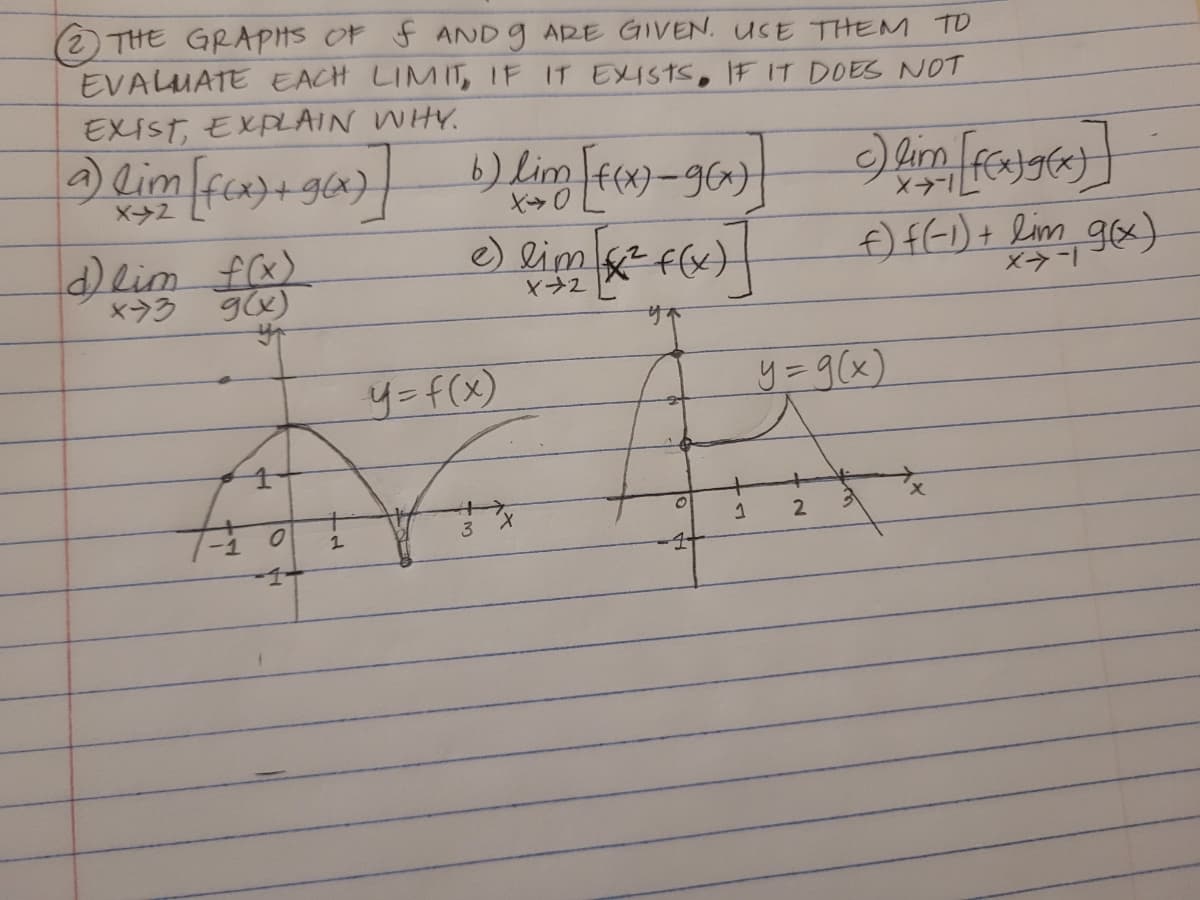 (2 THE GRAPHS OF FAND g ARE GIVEN. USE THEM TO
EVALMATE EACH LIMIT, IF IT EXISTS, IF IT DOEES NOT
EXiST, EXPLAIN WHY.
6) Lim Te-96)}
deim f(x)
e) lim gef(x)
f) fF)+ lim gox)
サイ
y=f(x)
y=9(x)
7は0
X.
2
1.
