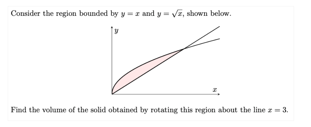 Consider the region bounded by y = x and y = Vx, shown below.
Find the volume of the solid obtained by rotating this region about the line x = 3.
నా
