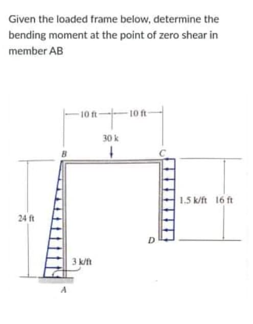 Given the loaded frame below, determine the
bending moment at the point of zero shear in
member AB
10 ft-
10 ft
30 k
1.5 k/ft 16 ft
24 ft
D
3 k/ft

