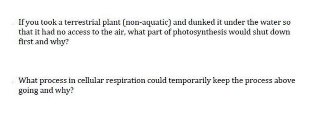 If you took a terrestrial plant (non-aquatic) and dunked it under the water so
that it had no access to the air, what part of photosynthesis would shut down
first and why?
What process in cellular respiration could temporarily keep the process above
going and why?
