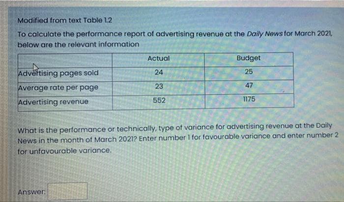 Modified from text Table 1.2
To calculate the performance report of advertising revenue at the Daily News for March 2021,
below are the relevant information
Actual
Budget
25
Advertising pages sold
24
Average rate per page
23
47
Advertising revenue
552
1175
What is the performance or technically, type of variance for advertising revenue at the Daily
News in the month of March 2021? Enter number 1 for favourable variance and enter number 2
for unfavourable variance.
Answer:
