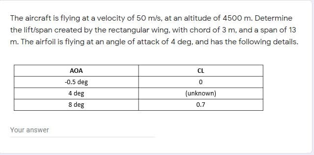 The aircraft is flying at a velocity of 50 m/s, at an altitude of 4500 m. Determine
the lift/span created by the rectangular wing, with chord of 3 m, and a span of 13
m. The airfoil is flying at an angle of attack of 4 deg, and has the following details.
CL
AOA
-0.5 deg
4 deg
(unknown)
8 deg
0.7
Your answer
