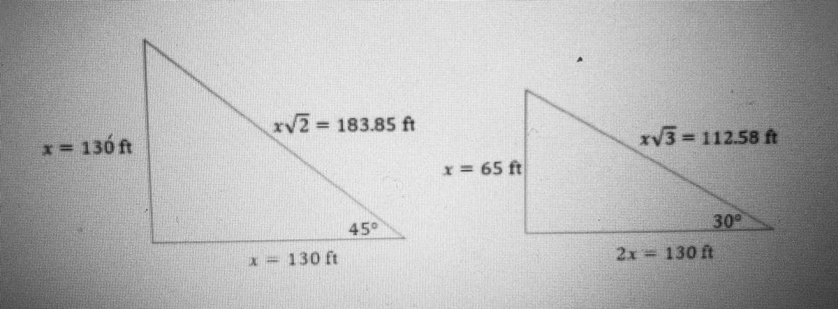 xV2 183.85 ft
*= 136 ft
rV33112.58 ft
x = 65 ft
45°
30*
x - 130 ft
2x%3D
2x=130 ft
