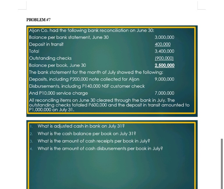 PROBLEM #7
Aljon Co. had the following bank reconciliation on June 30:
Balance per bank statement, June 30
Deposit in transit
Total
Outstanding checks
Balance per book, June 30
The bank statement for the month of July showed the following:
Deposits, including P200,000 note collected for Aljon
Disbursements, including P140,000 NSF customer check
And P10,000 service charge
All reconciling items on June 30 cleared through the bank in July. The
outstanding checks totaled P600,000 and the deposit in transit amounted to
P1,000,000 on July 31.
3,000,000
400,000
3,400,000
(900,000)
2,500,000
9,000,000
7,000,000
1. What is adjusted cash in bank on July 31?
2. What is the cash balance per book on July 31?
3.
What is the amount of cash receipts per book in July?
4. What is the amount of cash disbursements per book in July?
