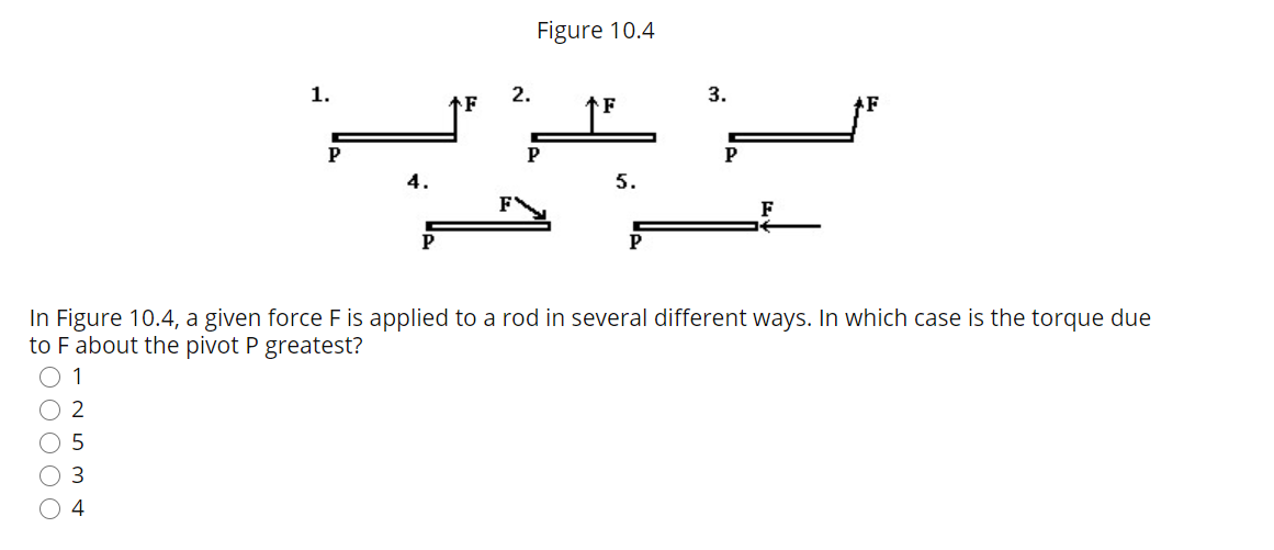 Figure 10.4
1.
2.
3.
tF
F
*F
P
4.
5.
F
P
In Figure 10.4, a given force F is applied to a rod in several different ways. In which case is the torque due
to F about the pivot P greatest?
O 1
O 2
O 5
3
4
