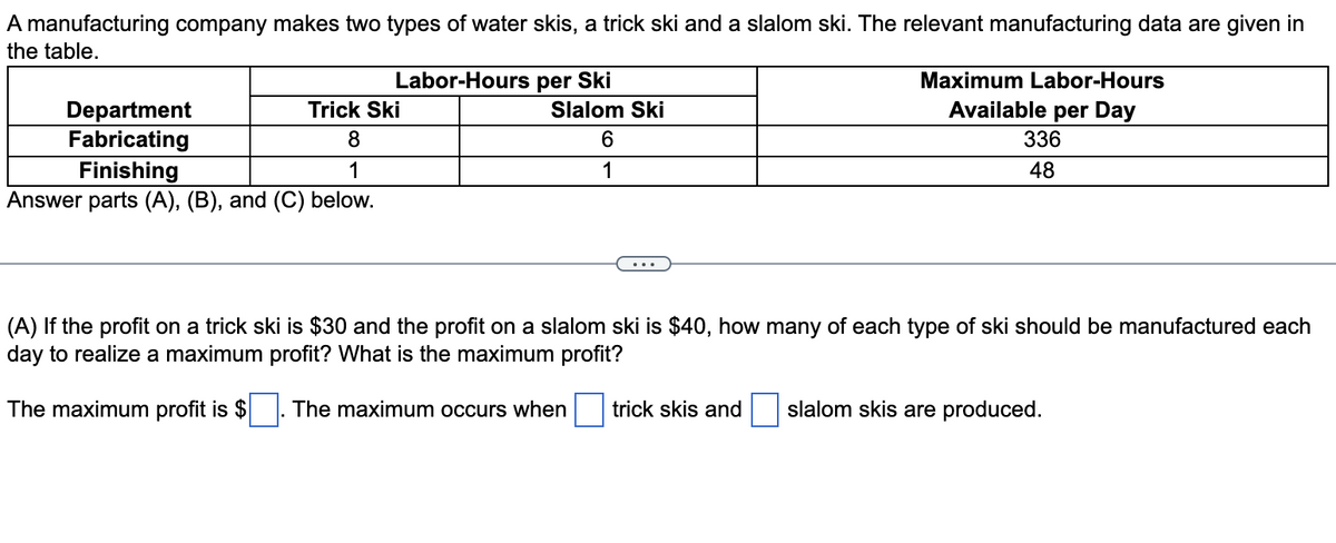 A manufacturing company makes two types of water skis, a trick ski and a slalom ski. The relevant manufacturing data are given in
the table.
Labor-Hours per Ski
Maximum Labor-Hours
Available per Day
Trick Ski
Slalom Ski
Department
Fabricating
8
6
336
Finishing
1
1
48
Answer parts (A), (B), and (C) below.
(A) If the profit on a trick ski is $30 and the profit on a slalom ski is $40, how many of each type of ski should be manufactured each
day to realize a maximum profit? What is the maximum profit?
The maximum profit is $
The maximum occurs when trick skis and slalom skis are produced.