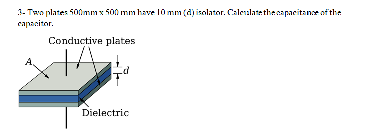 3- Two plates 500mm x 500 mm have 10 mm (d) isolator. Calculate the capacitance of the
сарacitor.
Conductive plates
A,
Dielectric

