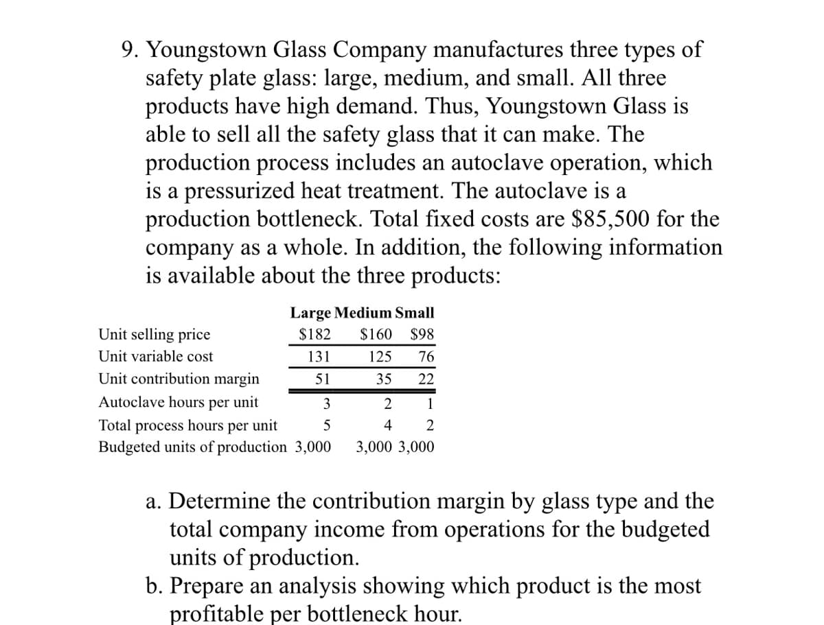 9. Youngstown Glass Company manufactures three types of
safety plate glass: large, medium, and small. All three
products have high demand. Thus, Youngstown Glass is
able to sell all the safety glass that it can make. The
production process includes an autoclave operation, which
is a pressurized heat treatment. The autoclave is a
production bottleneck. Total fixed costs are $85,500 for the
company as a whole. In addition, the following information
is available about the three products:
Large Medium Small
Unit selling price
$182
$160
$98
Unit variable cost
131
125
76
Unit contribution margin
51
35
22
Autoclave hours per unit
3
1
Total process hours per unit
Budgeted units of production 3,000
4
2
3,000 3,000
a. Determine the contribution margin by glass type and the
total company income from operations for the budgeted
units of production.
b. Prepare an analysis showing which product is the most
profitable per bottleneck hour.
