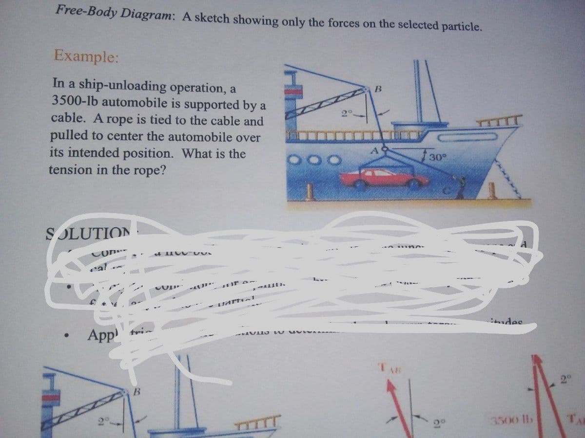 Free-Body Diagram: A sketch showing only the forces on the selected particle.
Example:
In a ship-unloading operation, a
3500-lb automobile is supported by a
cable. A rope is tied to the cable and
pulled to center the automobile over
its intended position. What is the
tension in the rope?
B.
130°
S OLUTION
Con-
ndes
App
tri
20
B.
3500 lb

