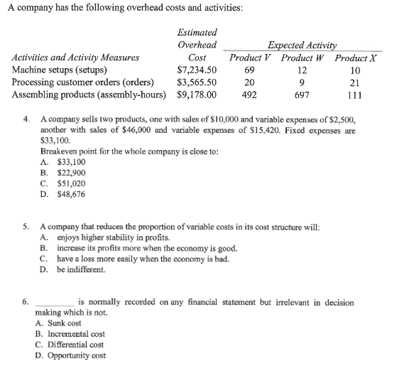 A company has the following overhead costs and activities:
Estimated
Expected Activity
Product V Product W Product X
Overhead
Activities and Activity Measures
Machine setups (setups)
Processing customer orders (orders)
Assembling products (assembly-hours) $9,178.00
Cost
S7,234.50
$3,565.50
69
12
10
20
21
492
697
111
4. A company sells two products, one with sales of $10,000 and variable expenses of $2,500,
another with sales of $46,000 and variable expenses of $15,420. Fixed expenses are
$33,100.
Breakeven point for the whole company is close to:
А. 833,100
В. $22,900
C. $51,020
D. $48,676
A company that reduces the proportion of variable costs in its cost structure will:
A. enjoys higher stability in profits.
B. increase its profits more when the economy is good.
C. have a loss more easily when the economy is bad.
D. be indifferent.
5.
6.
is normally recorded on any financial statement but irrelevant in decision
making which is not.
A. Sunk cost
B. Incremental cost
C. Differential cost
D. Opportunity cost
