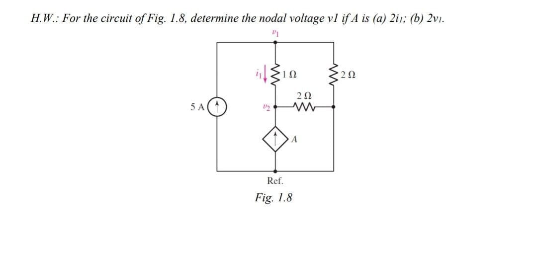 H.W.: For the circuit of Fig. 1.8, determine the nodal voltage vl if A is (a) 2i1; (b) 2v1.
20
5 A(
Ref.
Fig. 1.8
