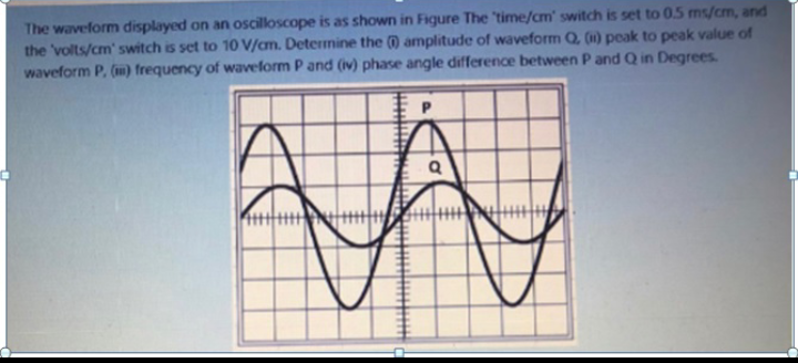 The waveform displayed on an oscilloscope is as shown in Figure The time/cm' switch is set to 05 ms/cm, and
the 'volts/cm' switch is set to 10 V/cm. Determine the amplitude of waveform Q, (1) peak to peak value of
waveform P. (m) frequency of waeform P and (v) phase angle difference between P and Q in Degrees.
