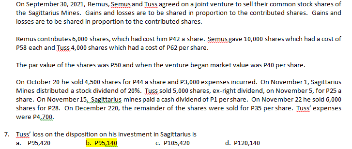 On September 30, 2021, Remus, Semus and Tuss agreed on a joint venture to sell their common stock shares of
the Sagittarius Mines. Gains and losses are to be shared in proportion to the contributed shares. Gains and
losses are to be shared in proportion to the contributed shares.
Remus contributes 6,000 shares, which had cost him P42 a share. Semus gave 10,000 shares which had a cost of
P58 each and Tuss 4,000 shares which had a cost of P62 per share.
The par value of the shares was P50 and when the venture began market value was P40 per share.
On October 20 he sold 4,500 shares for P44 a share and P3,000 expenses incurred. On November 1, Sagittarius
Mines distributed a stock dividend of 20%. Tuss sold 5,000 shares, ex-right dividend, on November 5, for P25 a
share. On November15, Sagittarius mines paid a cash dividend of P1 pershare. On November 22 he sold 6,000
shares for P28. On December 220, the remainder of the shares were sold for P35 per share. Tuss' expenses
were P4,700.
7. Tuss' loss on the disposition on his investment in Sagittarius is
b. P95,140
a. P95,420
c. P105,420
d. P120,140
