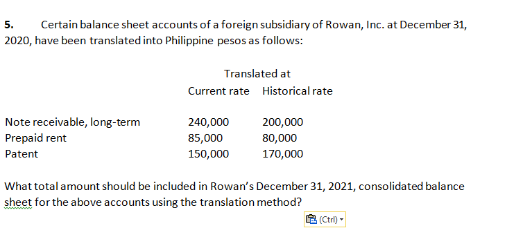 5.
Certain balance sheet accounts of a foreign subsidiary of Rowan, Inc. at December 31,
2020, have been translated into Philippine pesos as follows:
Translated at
Current rate Historical rate
Note receivable, long-term
240,000
200,000
Prepaid rent
85,000
80,000
Patent
150,000
170,000
What total amount should be included in Rowan's December 31, 2021, consolidated balance
sheet for the above accounts using the translation method?
wwwn
(Ctrl) -
