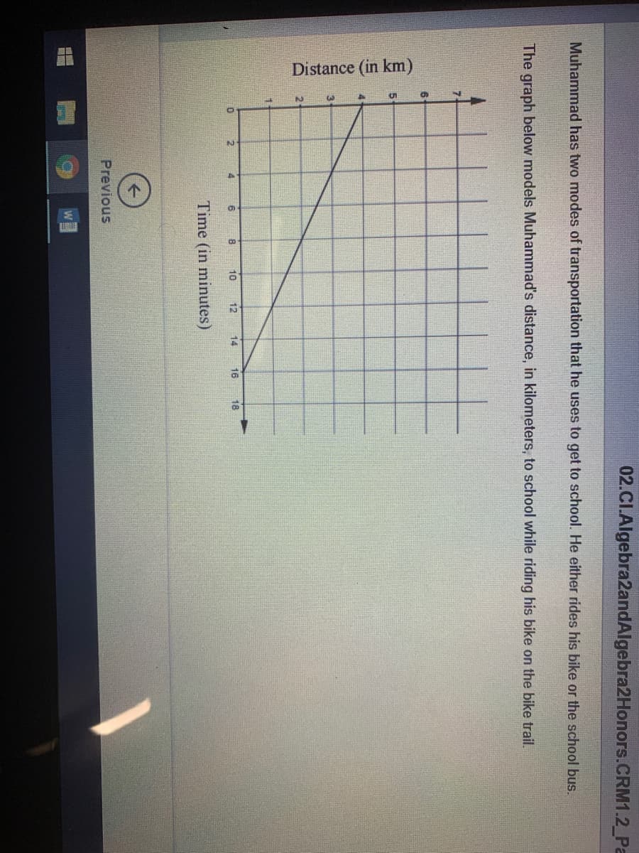 Distance (in km)
02.CI.Algebra2andAlgebra2Honors.CRM1.2_Pa
Muhammad has two modes of transportation that he uses to get to school. He either rides his bike or the school bus.
The graph below models Muhammad's distance, in kilometers, to school while riding his bike on the bike trail.
6.
4
6
8
10
12
14
16
18
Time (in minutes)
Previous
