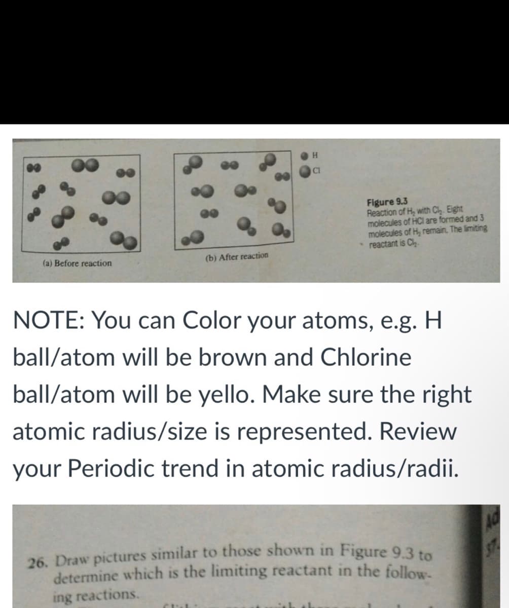 H.
CI
Figure 9.3
Reaction of H, with C. Eight
molecules of HCl are formed and 3
molecules of H, remain, The limiting
* reactant is Ch
(a) Before reaction
(b) After reaction
NOTE: You can Color your atoms, e.g. H
ball/atom will be brown and Chlorine
ball/atom will be yello. Make sure the right
atomic radius/size is represented. Review
your Periodic trend in atomic radius/radii.
26. Draw pictures similar to those shown in Figure 9.3 to
determine which is the limiting reactant in the follow-
STA
ing reactions.
