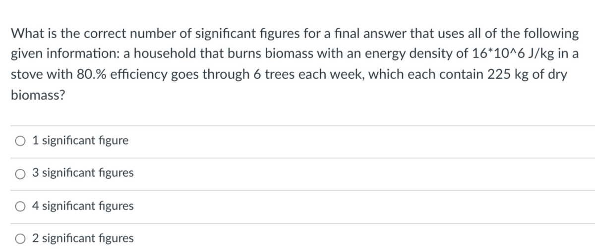 What is the correct number of significant figures for a final answer that uses all of the following
given information: a household that burns biomass with an energy density of 16*10^6 J/kg in a
stove with 80.% efficiency goes through 6 trees each week, which each contain 225 kg of dry
biomass?
1 significant figure
3 significant figures
4 significant figures
O 2 significant figures
